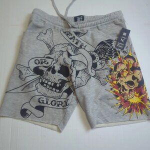 Ed Hardy Men's Sweat Shorts L Skull & Death or Glory Grey Heather NWT